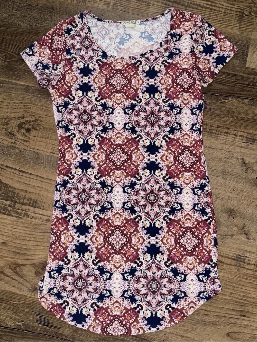 Bohemian Dress Small Boho Paisley Floral T-Shirt Short Sleeve Tunic Casual